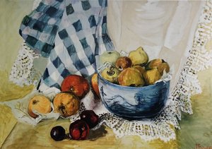 Still Life with a Blue Bowl, Apples, Pears, Textiles and Lace